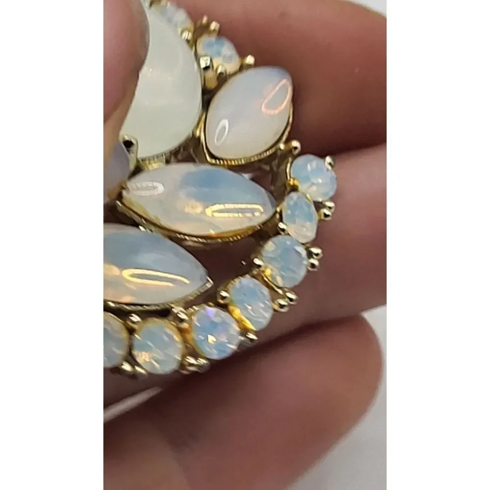 Opalescent Faux Opal White AB Rhinestone Spray Gold Tone BroochPin 2in